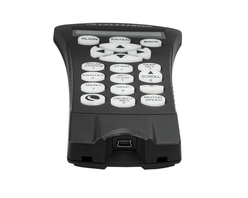 Celestron NexStar Plus Hand Controller bottom view showing mini USB port