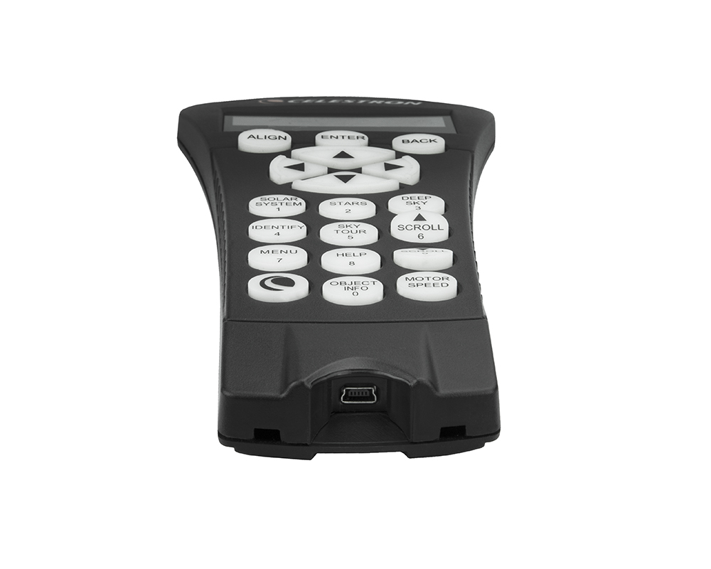 Celestron StarSense Hand Controller angled to show USB port