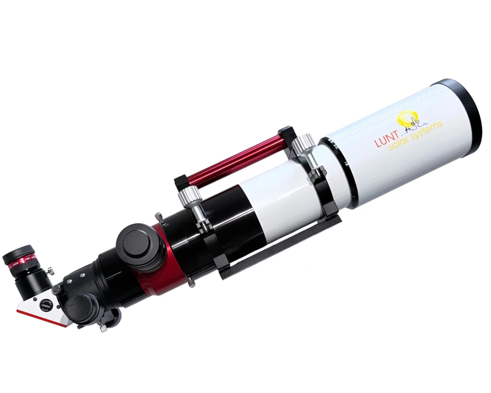 The Lunt 50 mm Ha Solar Telescope with double stack side profile with optical tube angled up and facing right