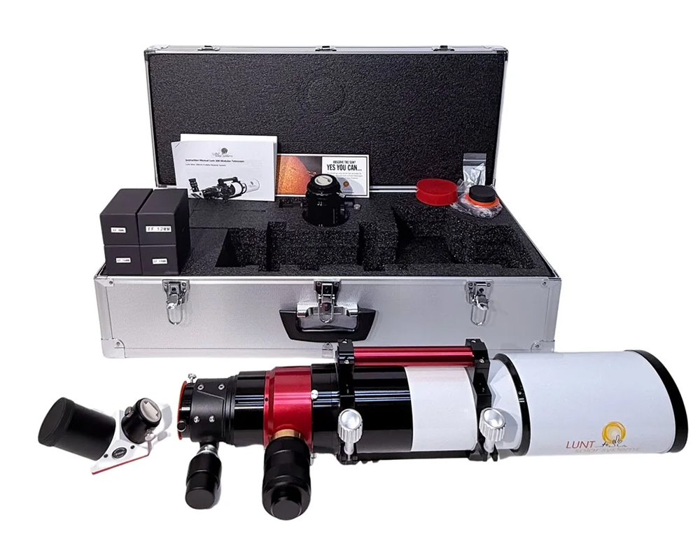 The Lunt 50 mm Ha Solar Telescope resting on hard case with accessories