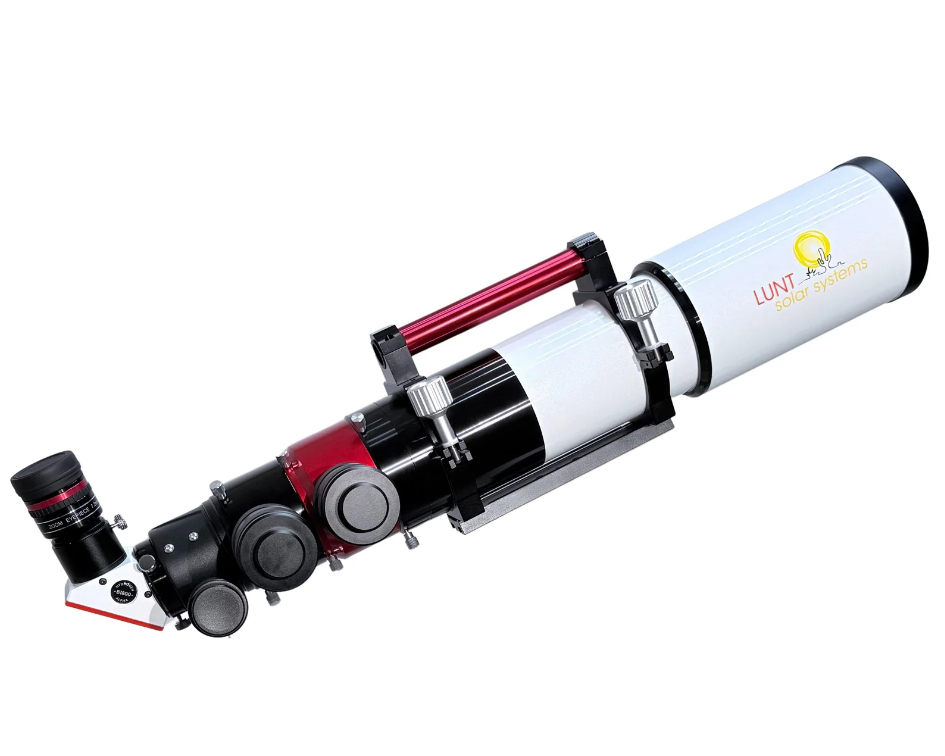 The Lunt 50 mm Ha Solar Telescope with double stack side profile with optical tube angled up and facing right