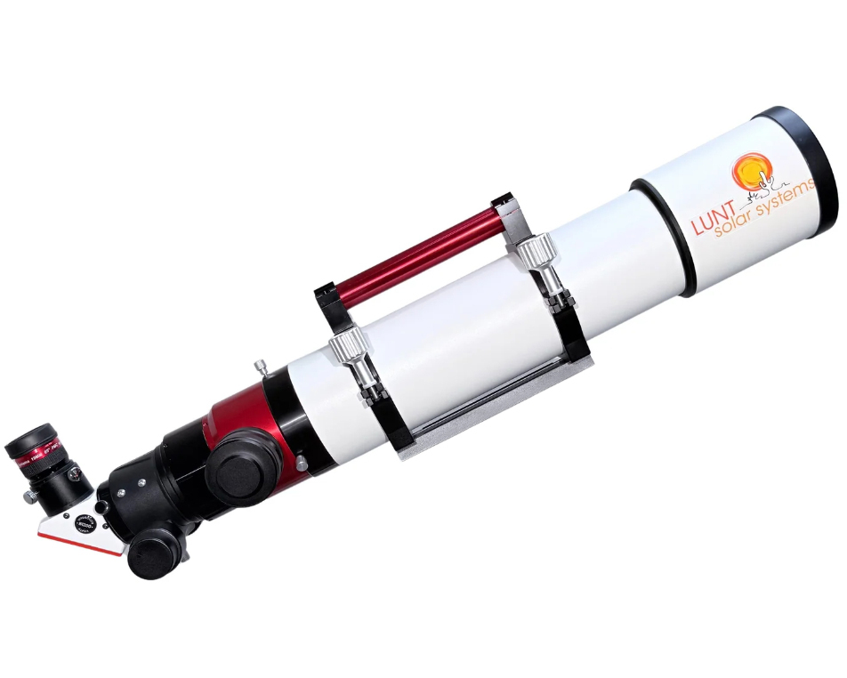 The Lunt 50 mm Ha Solar Telescope with double stack side profile with optical tube angled up and facing right