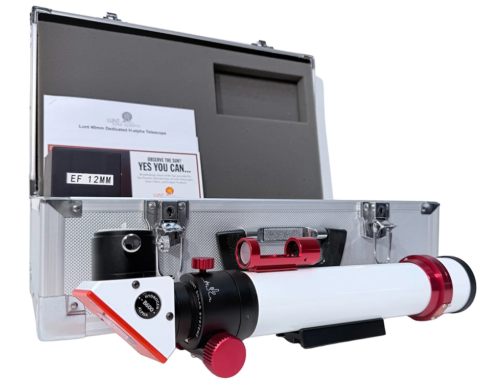 The Lunt 40 mm Ha Solar Telescope resting on hard case with accessories