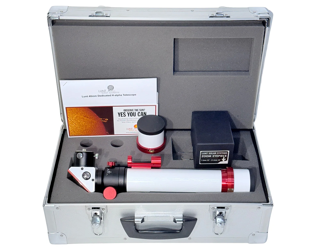 The Lunt 40 mm Ha Solar Telescope resting on hard case with accessories