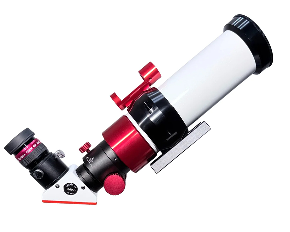 The Lunt 50 mm Ha Solar Telescope with optical tube angled up and facing right