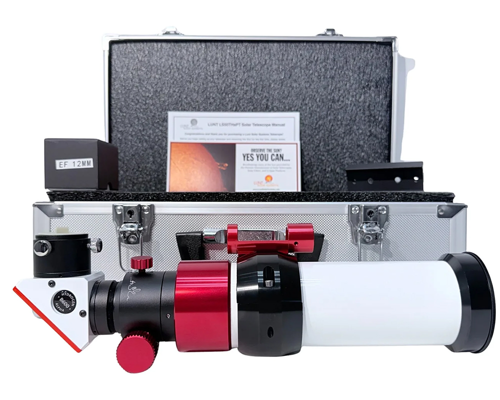The Lunt 50 mm Ha Solar Telescope resting on hard case with accessories