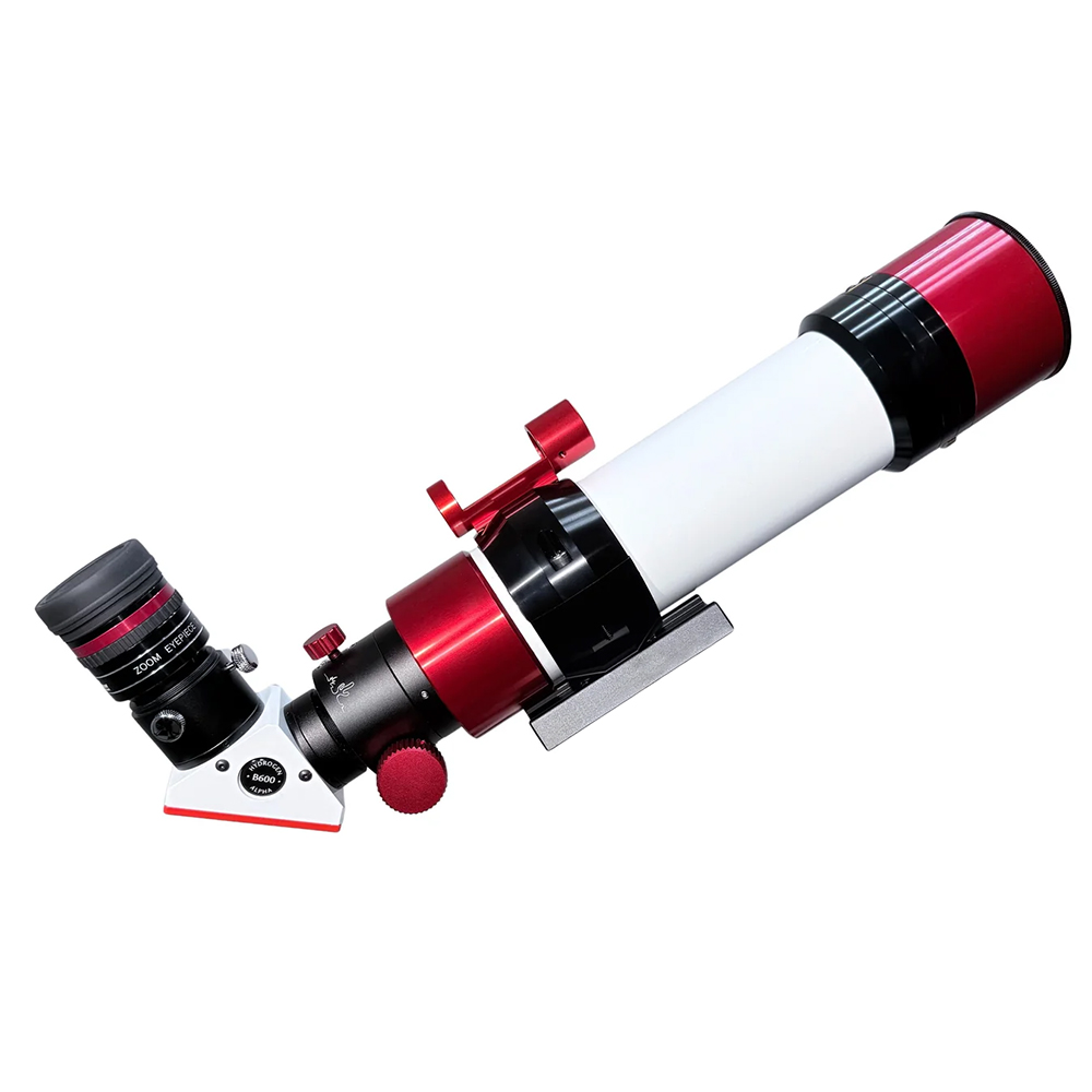 The Lunt 50 mm Ha Solar Telescope with double stack side profile with optical tube angled up and facing right