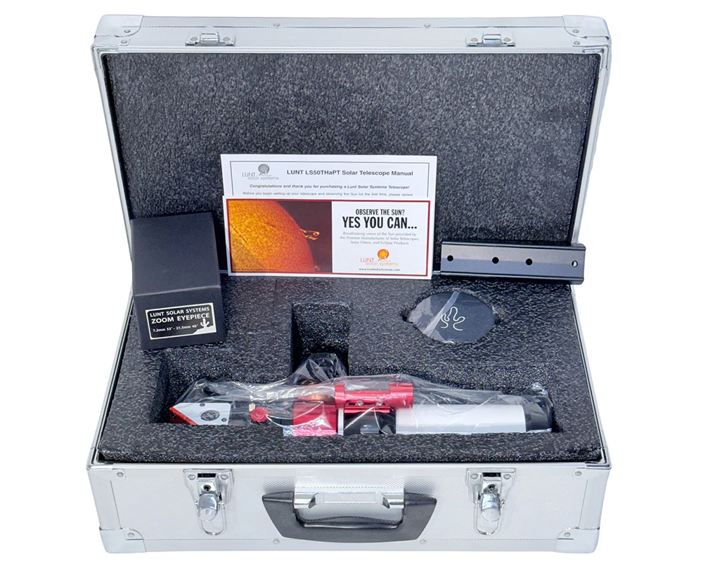 The Lunt 50 mm Telescope and accessories in the included hard case