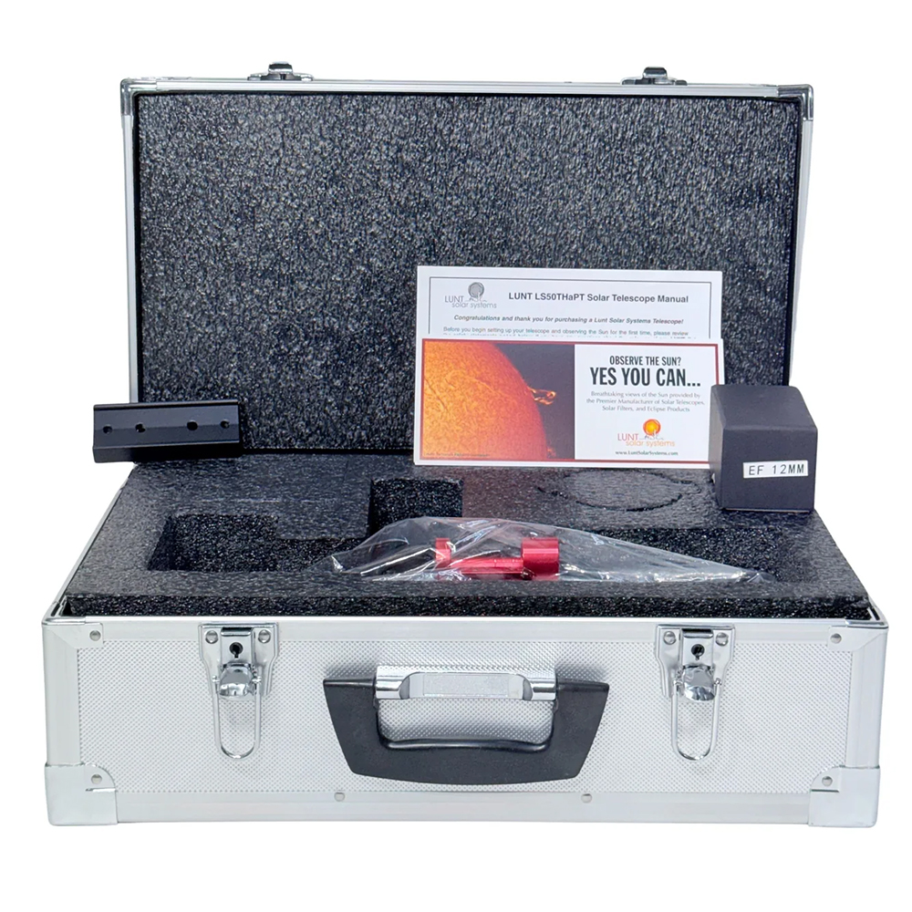 The Lunt 50 mm Telescope and accessories inside the included hard case