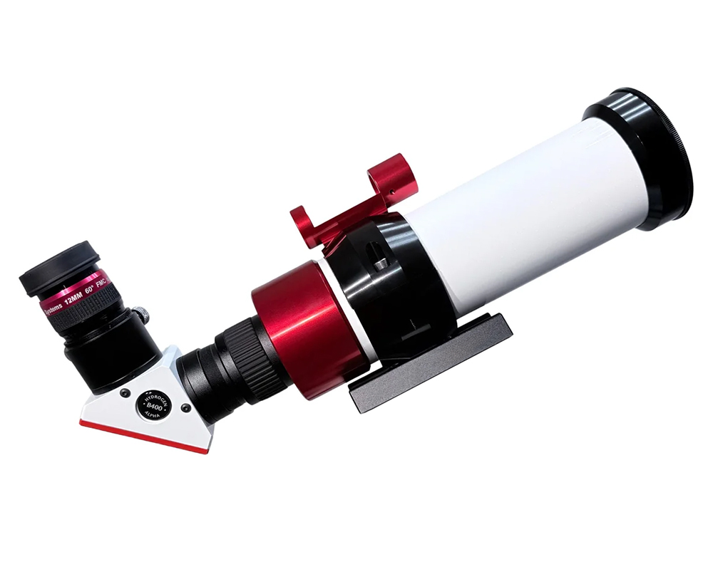 The Lunt 50 mm Ha Solar Telescope with optical tube angled up and facing right