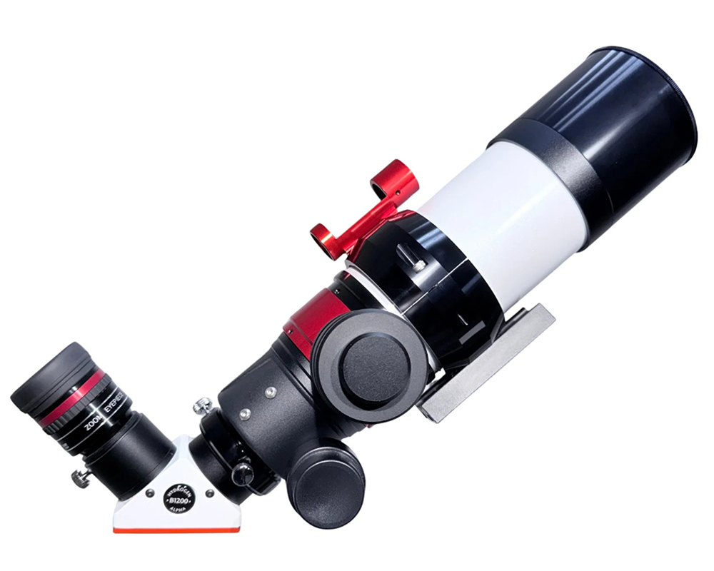 The Lunt 50 mm Ha Solar Telescope with double stack side profile with optical tube angled up and facing right