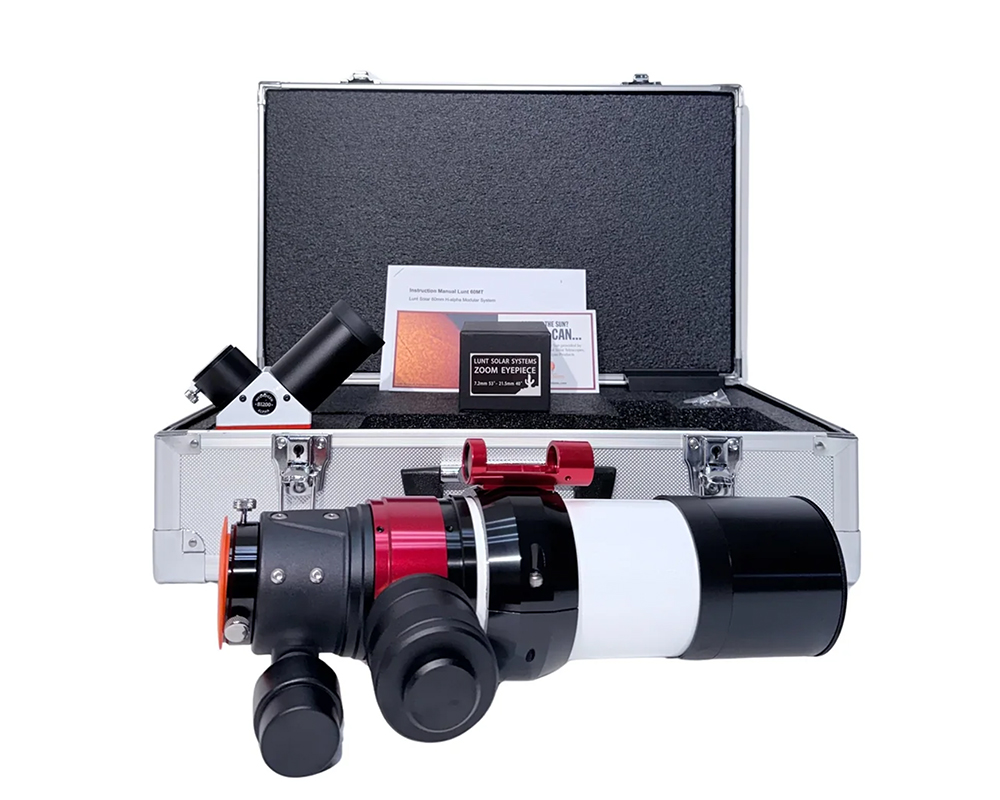 The Lunt 50 mm Ha Solar Telescope resting on hard case with accessories
