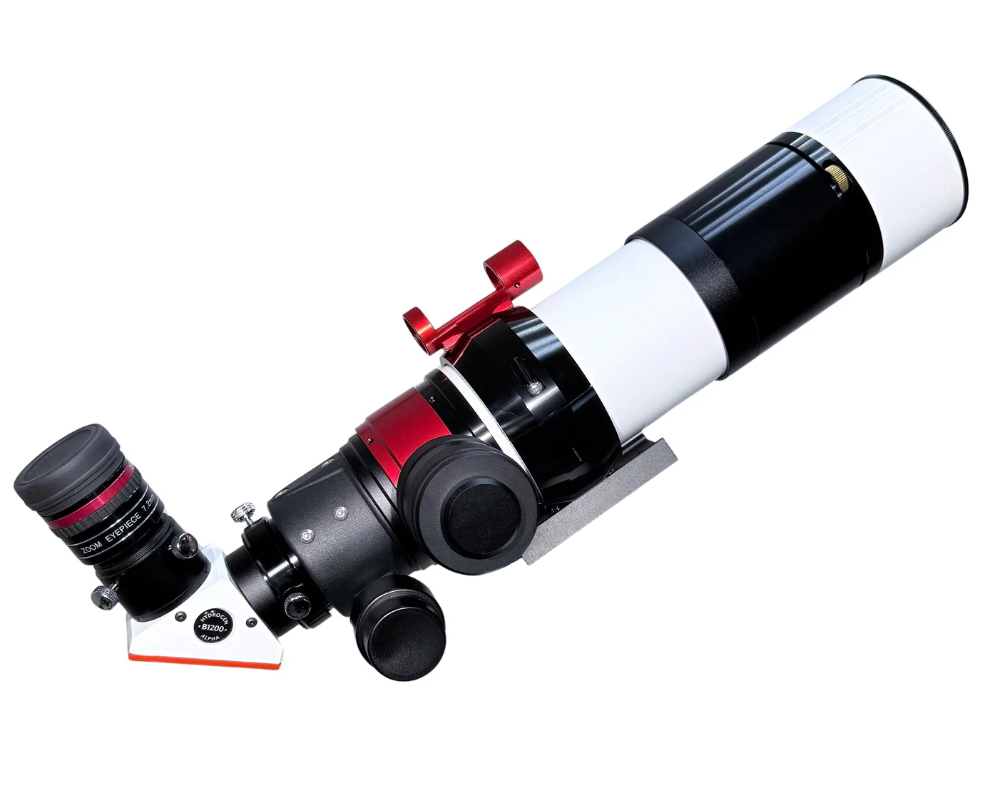 The Lunt 50 mm Ha Solar Telescope with double stack side profile with optical tube angled up and facing right