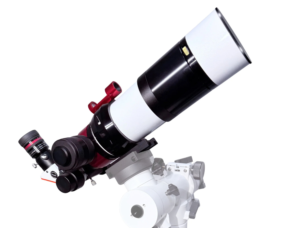 The Lunt 50 mm Ha Solar Telescope with double stack side profile with optical tube angled up and facing right
