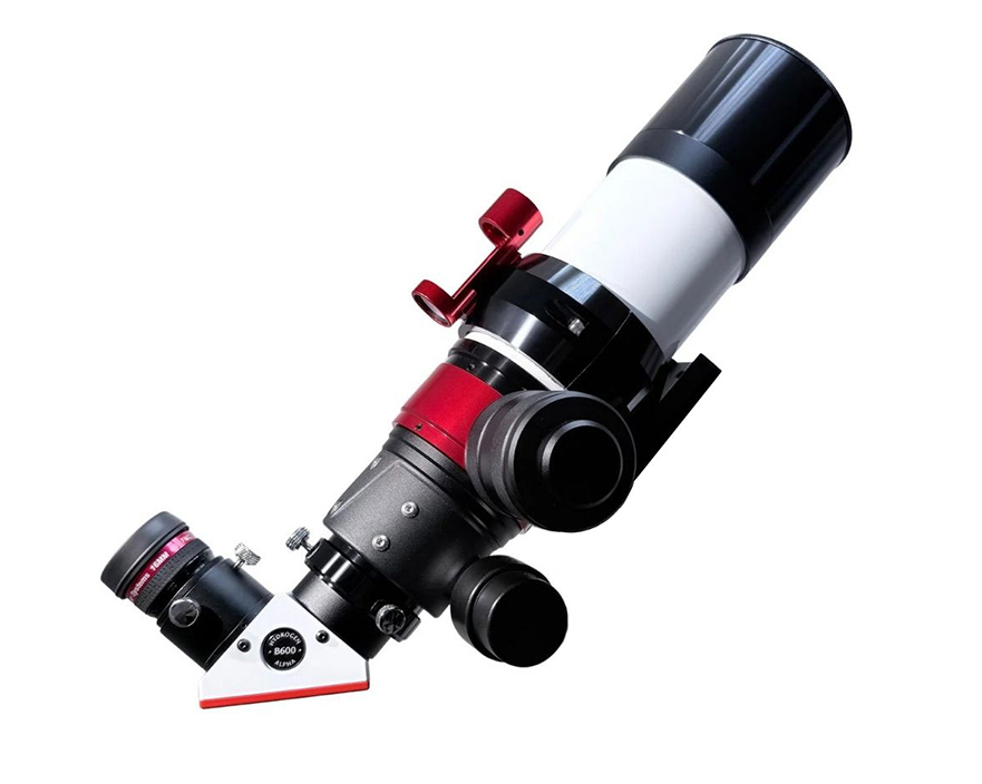 The Lunt 50 mm Ha Solar Telescope with double stack side profile with optical tube angled up and facing right