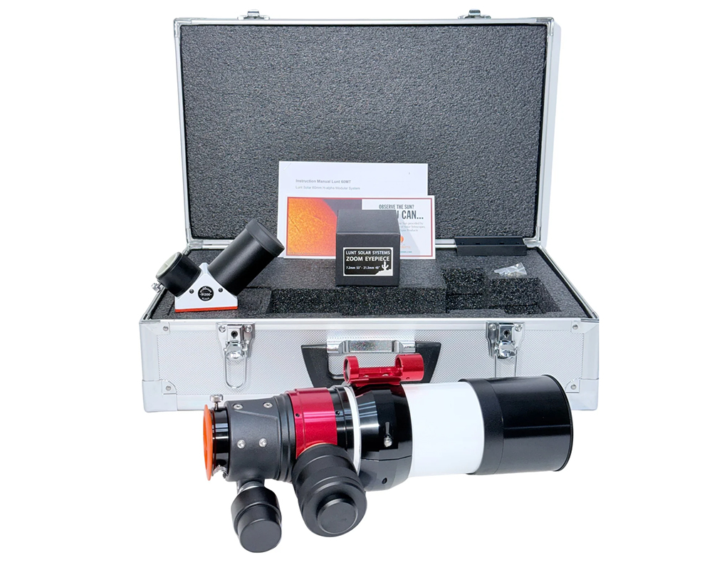 The Lunt 50 mm Ha Solar Telescope resting on hard case with accessories