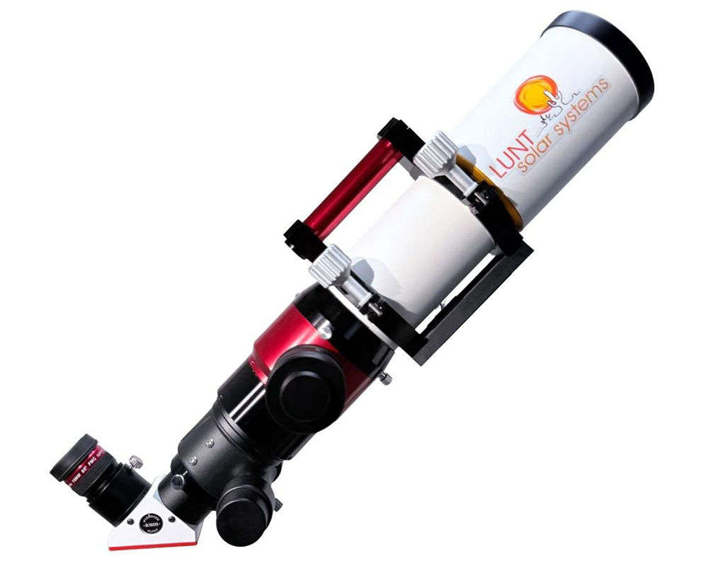 The Lunt 50 mm Ha Solar Telescope with double stack side profile with optical tube angled up and facing right