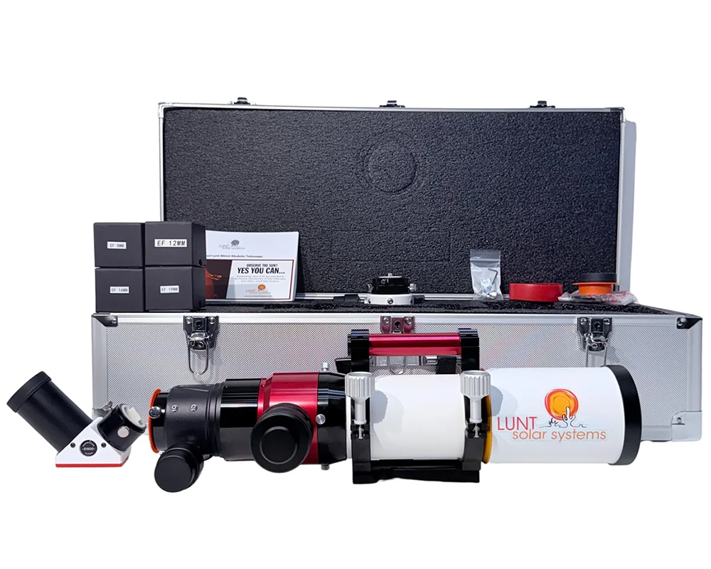 The Lunt 50 mm Ha Solar Telescope resting on hard case with accessories