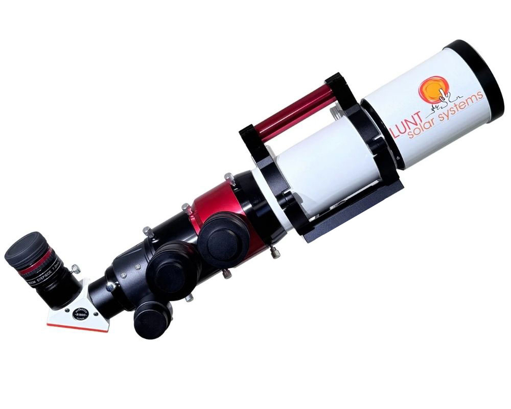The Lunt 50 mm Ha Solar Telescope with double stack side profile with optical tube angled up and facing right