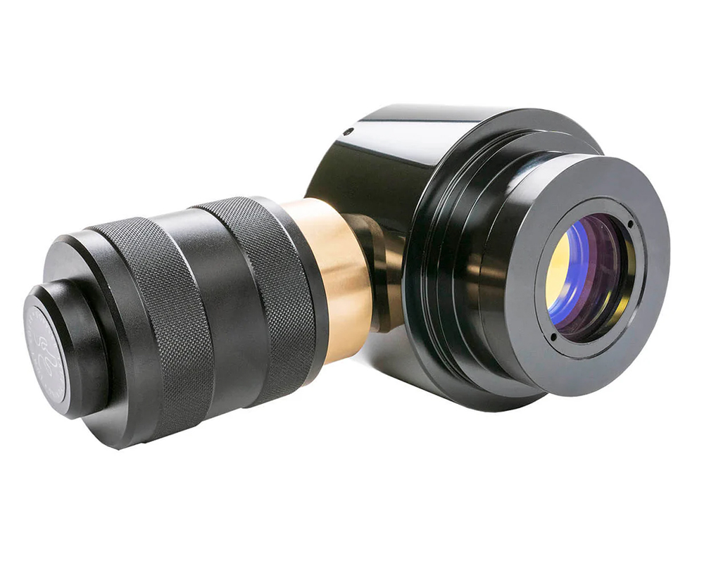The Lunt 50 mm Ha Solar Telescope with double stack side profile with optical tube angled up and facing right