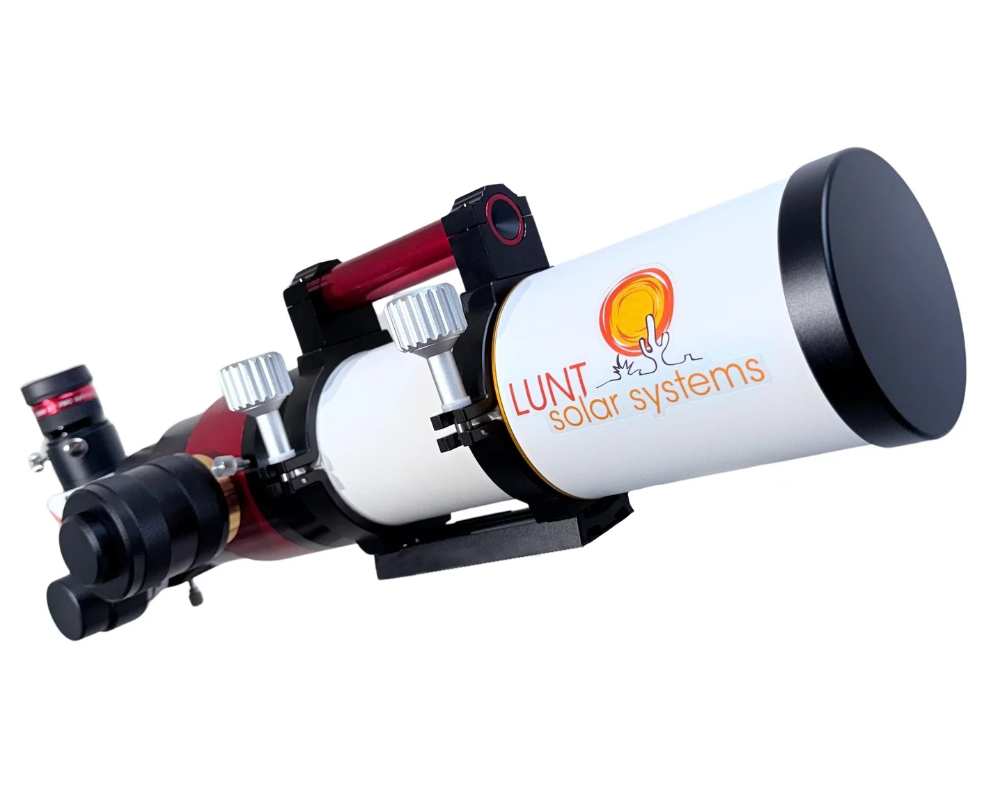 The Lunt 50 mm Ha Solar Telescope with double stack side profile with optical tube angled up and facing right