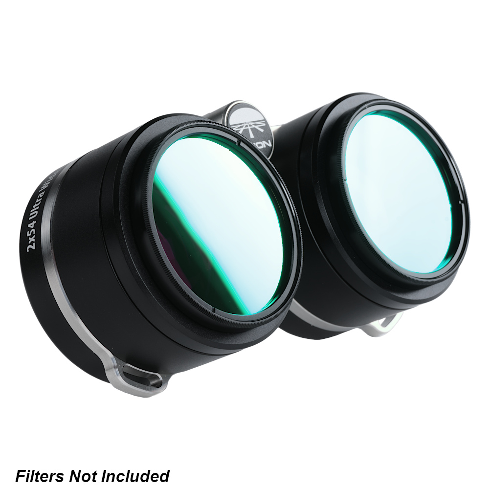 Orion 2x54 Ultra Wide Angle Binoculars with two 2 inch filters attached