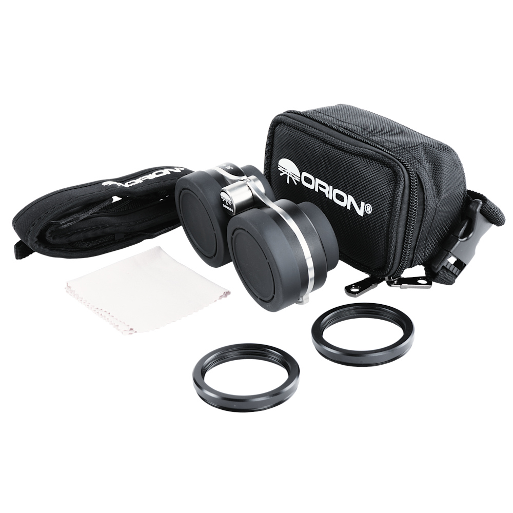 Orion 2x54 Ultra Wide Angle Binoculars shown with all the items included in the box
