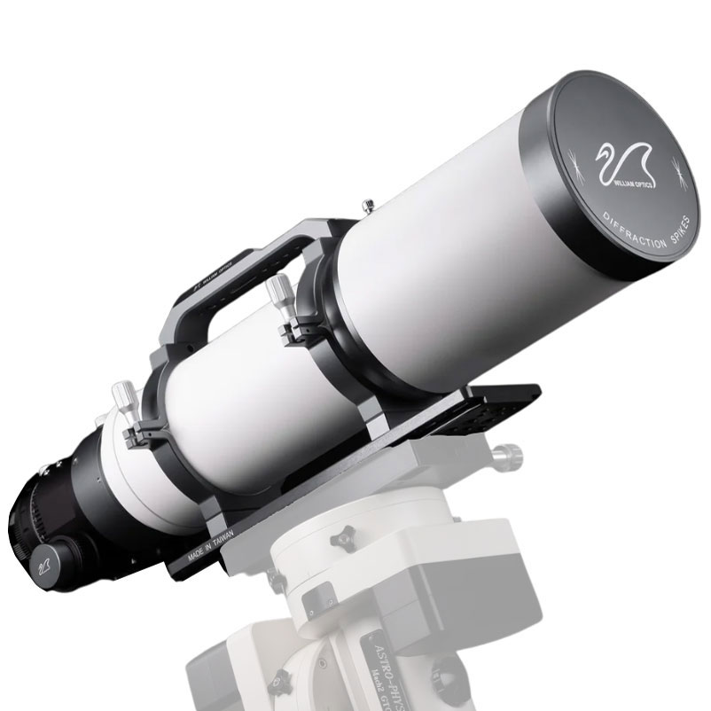 Image of the William Optics FLT132 Refractor on a greyed out mount. Mount not included.