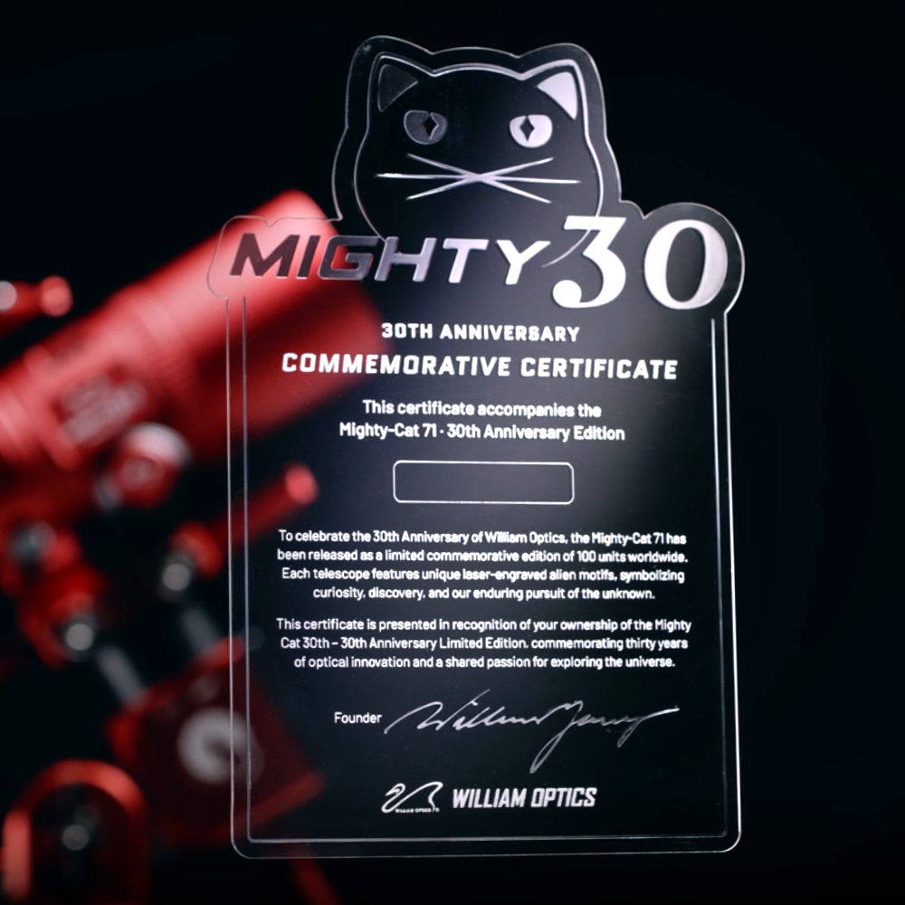 William Optics Mighty Cat 30th Anniversary Certificate