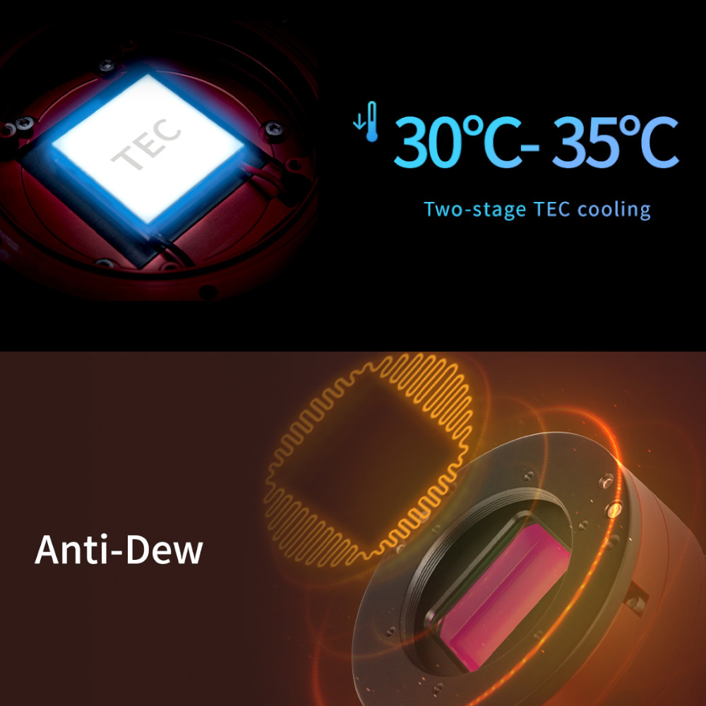 Graphic showing off the TEC and anti-dew features of the ZWO ASI4400MC Pro