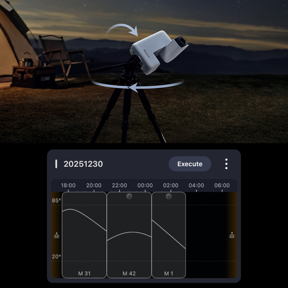 Image of the Seestar S30 Pro in EQ mode, and an image of an imaging plan set up