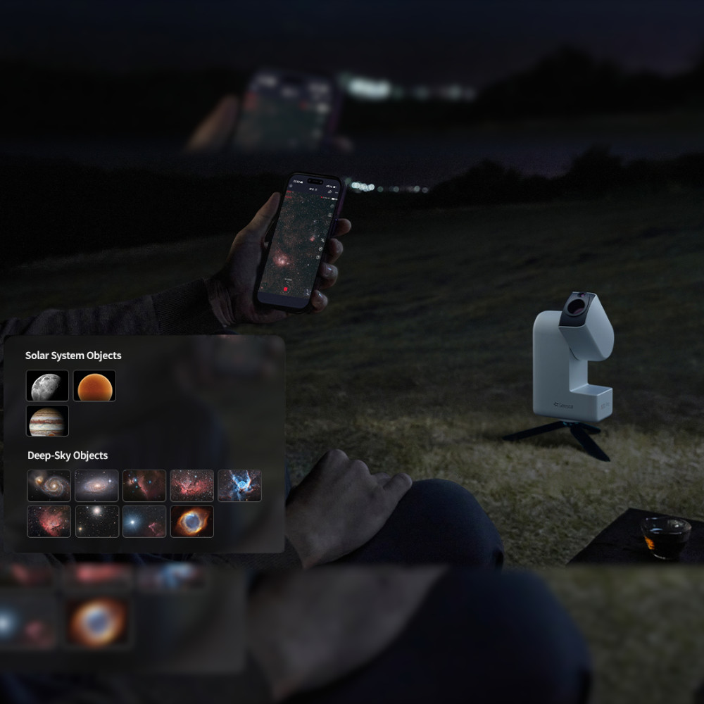 Image showing a person holding their phone, with the icons for the modes and features from the Seestar app superimposed over top