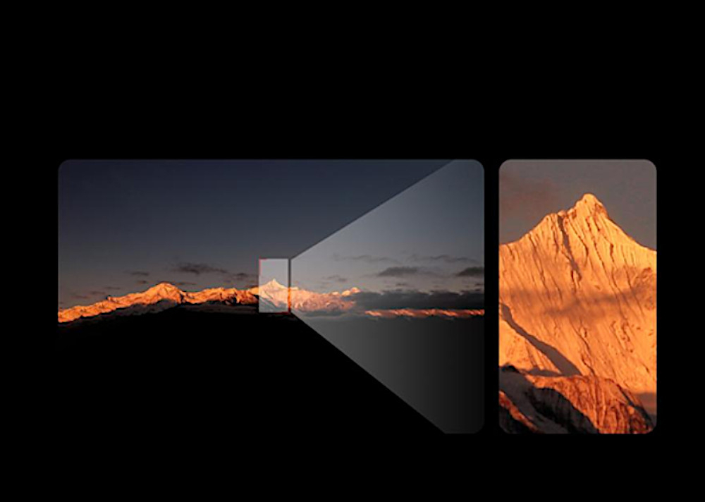 Image of a mountain range, with a frame zooming in on them