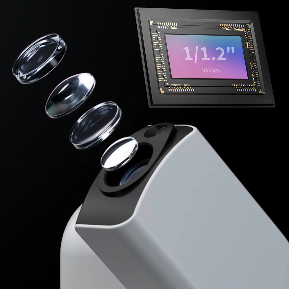 Seestar S30 Pro's optics shown outside the telescope, with an image of the IMX585 chip