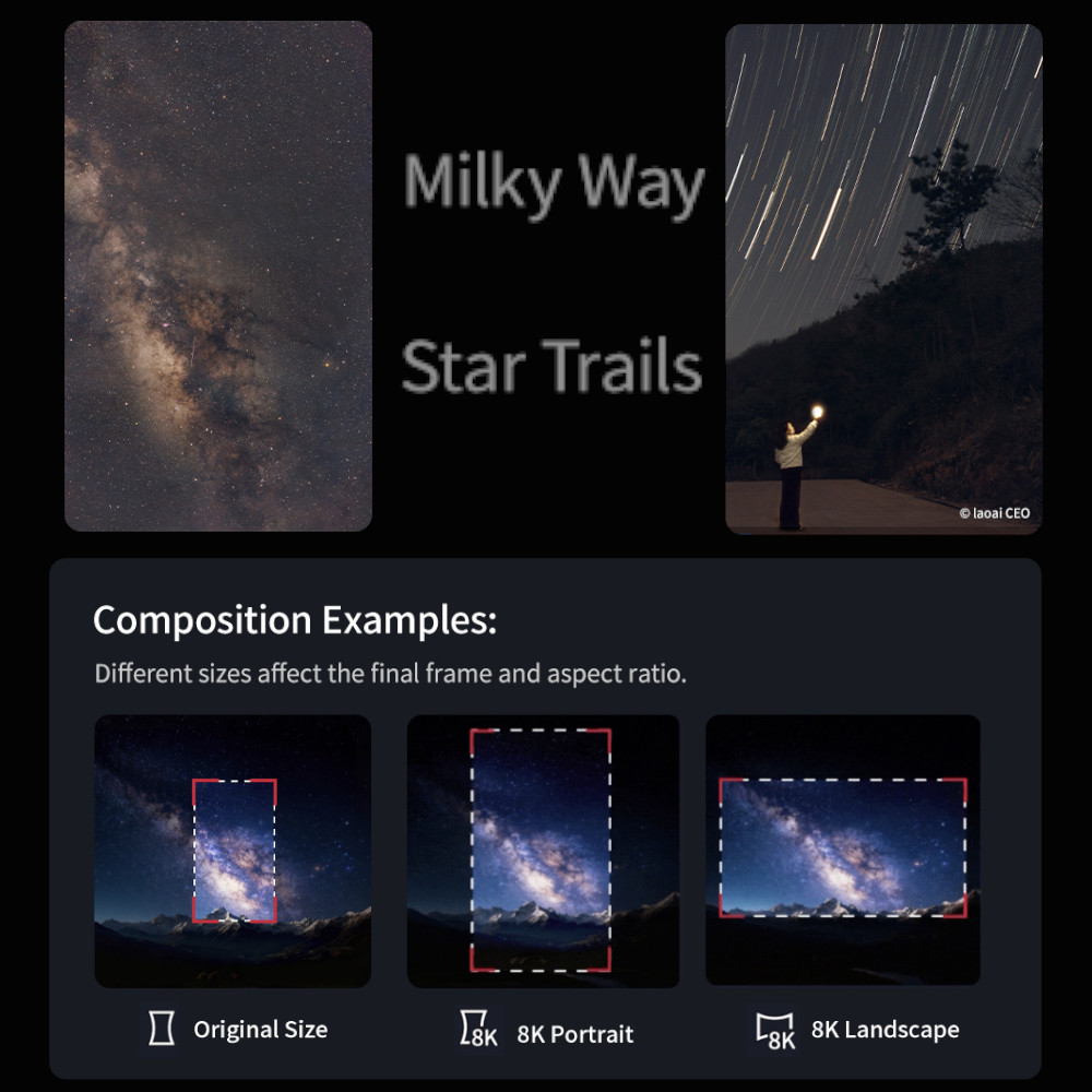 Images of the Milky Way and Star Trail Modes, with an example showing the mosaics FOVs available