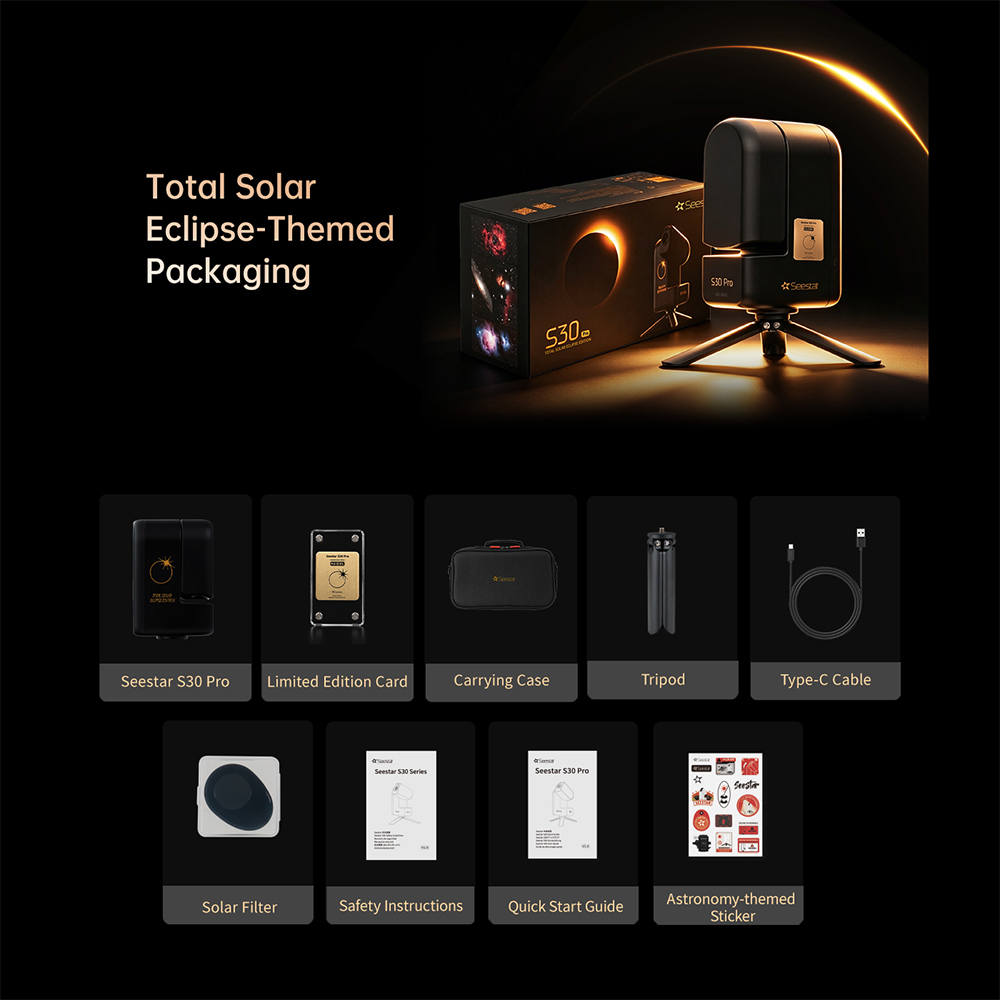 Image showing the Seestar S30 Pro - Eclipse Edition with the included accessories and custom packaging