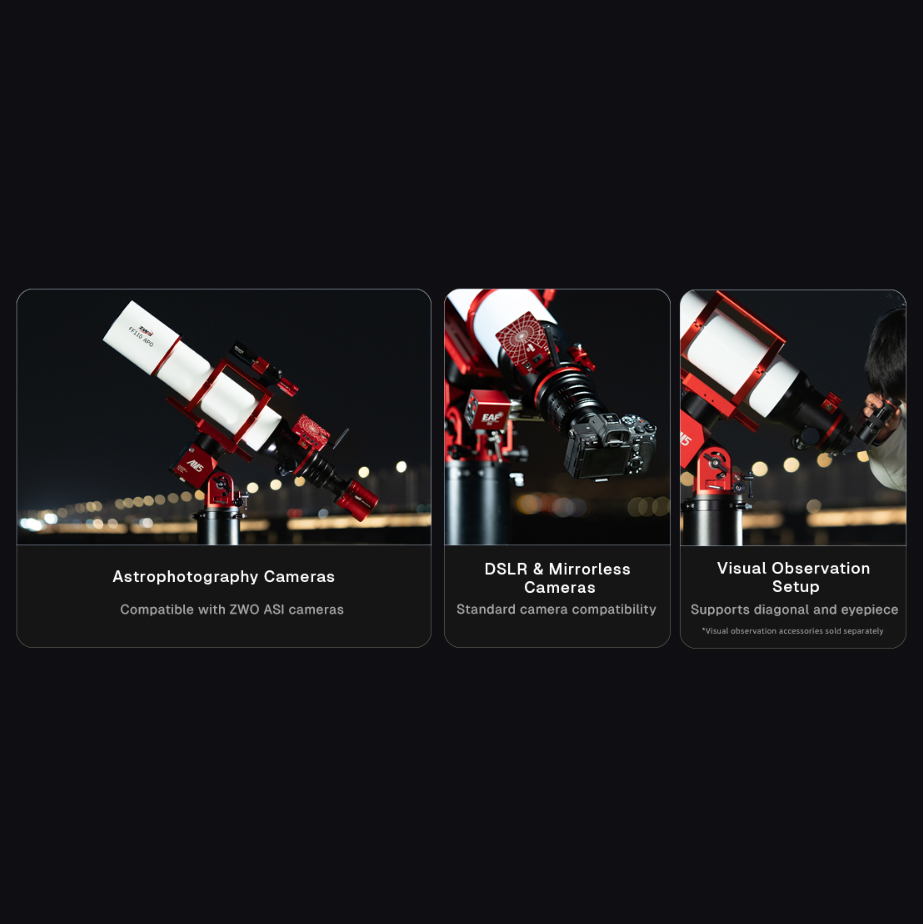 Camera and eyepiece connections for the ZWO FF90 APO
