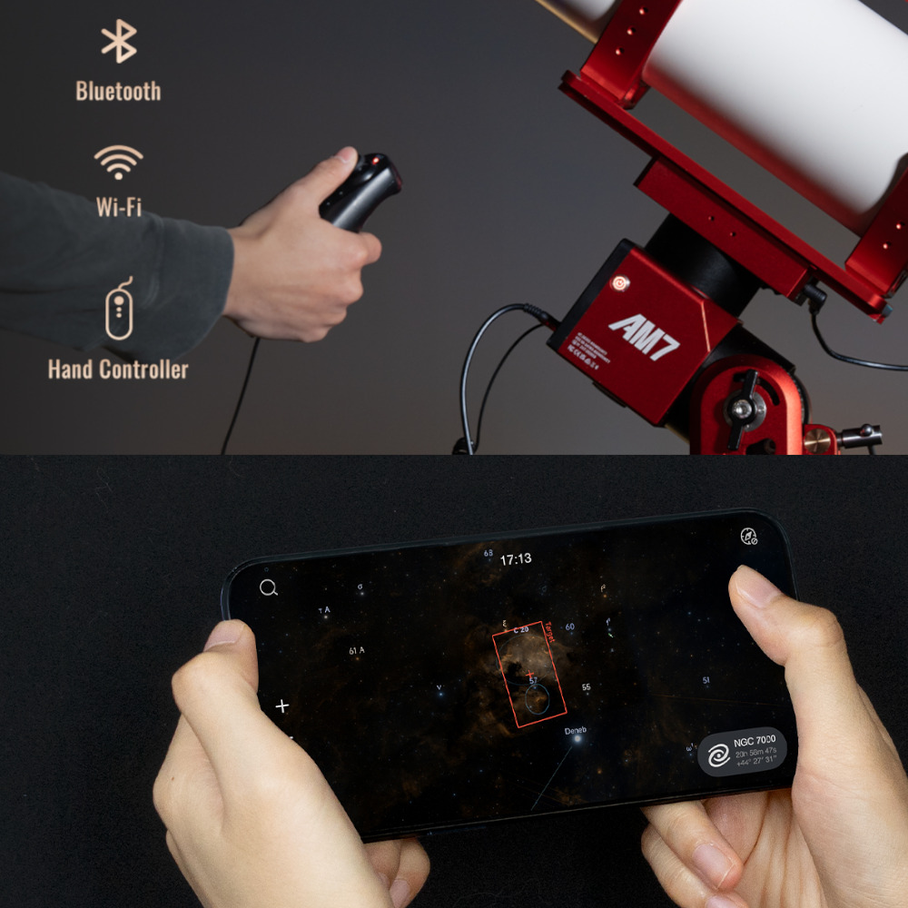 Image showing the three connectivity options, along with a panel showing a user controlling the mount via the app