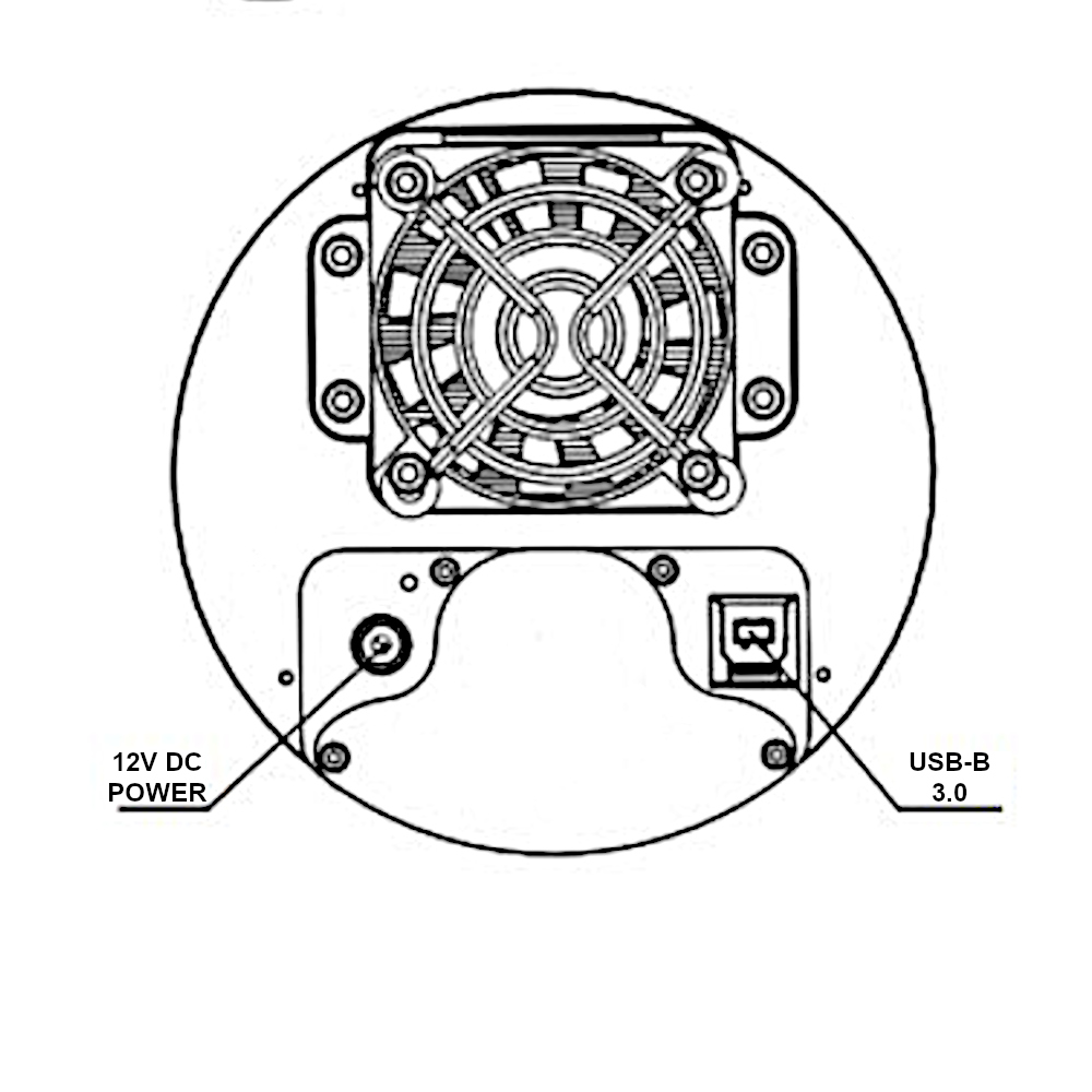 Mechanical drawing highlighting the power and USB connections