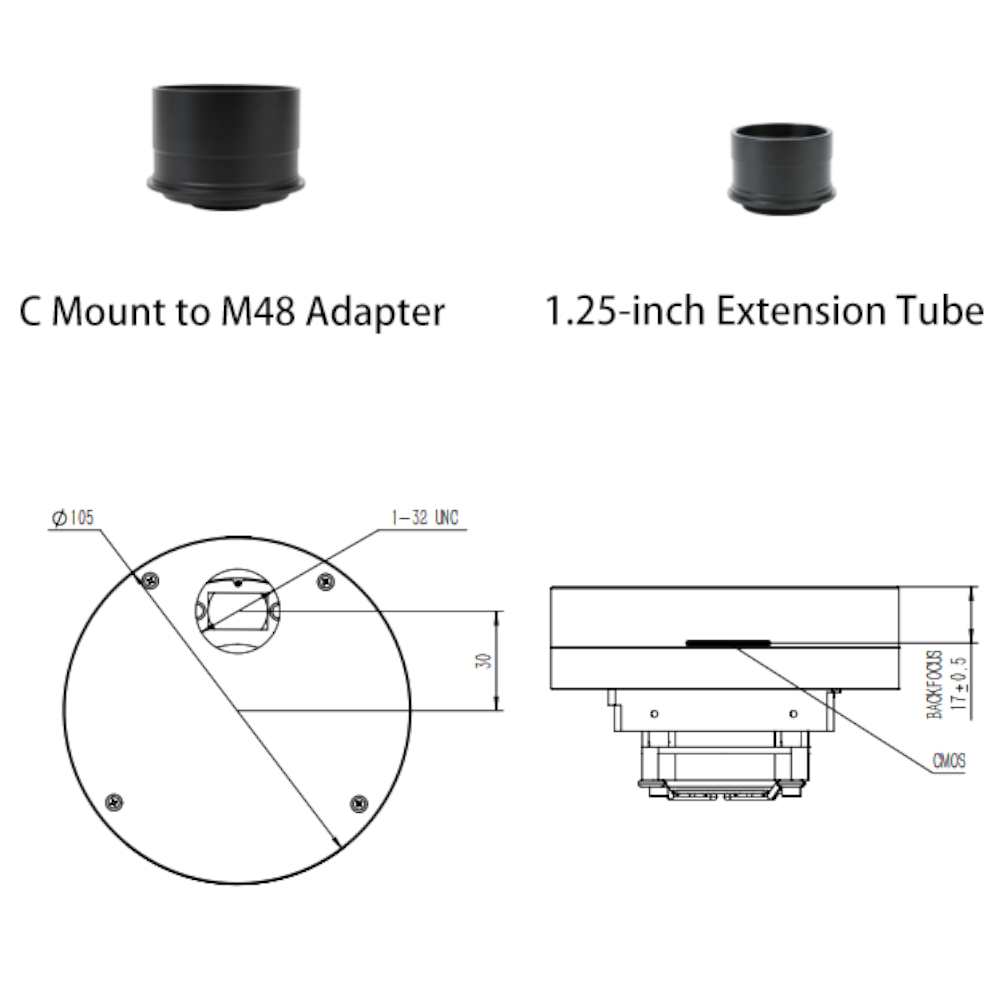 Mechanical drawing highlighting the connections on the camera, alongside the included adapters