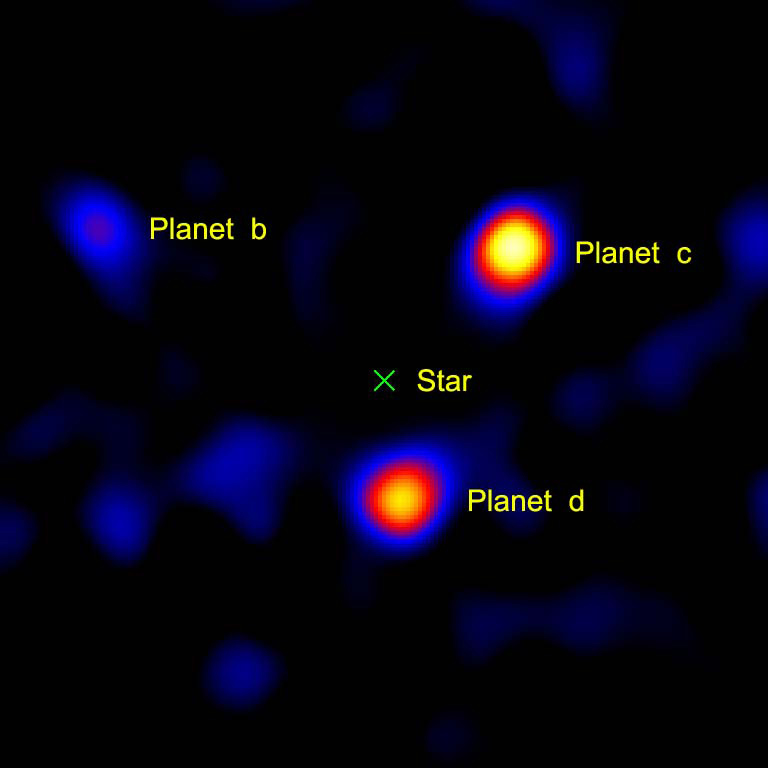 Extrasolar planets orbiting the star HR8799. Credit: NASA/JPL - Caltech/Palomar Observatory