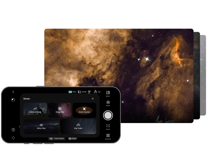 A phone showing the Seestar app, with the ZWO Seestar S30 out of focus in the background