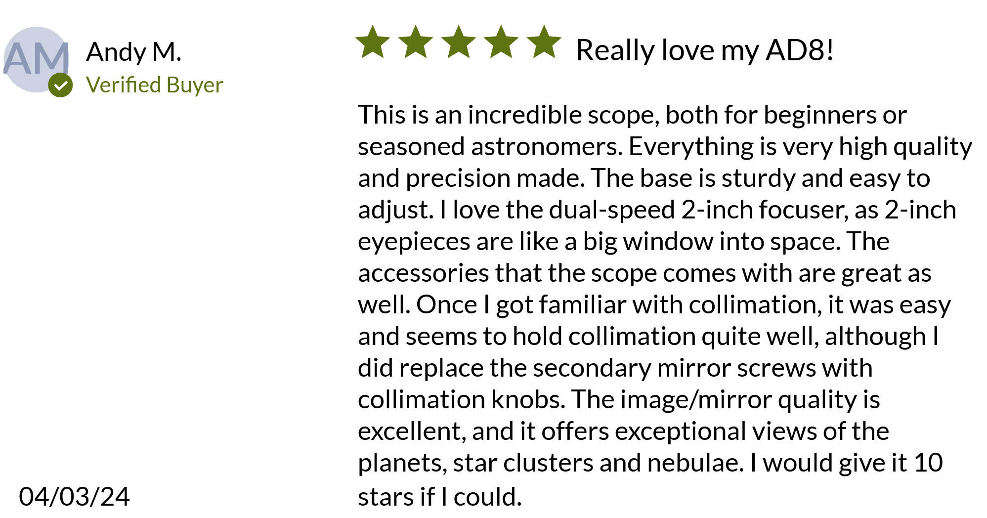 AD8 review by verified buyer Andy M.