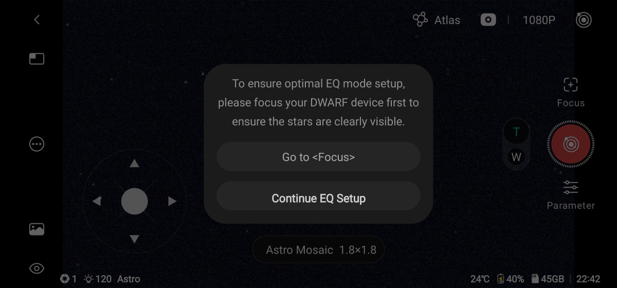 Screen shot of DWARF Mini EQ set up steps through the DWARFLab app