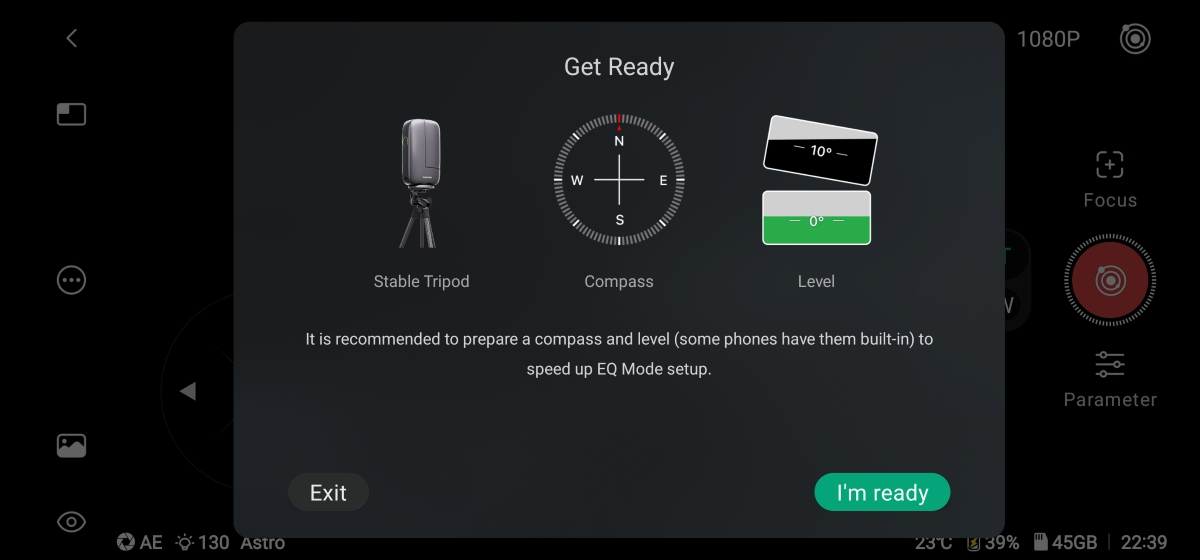 Screen shot of DWARF Mini EQ set up steps through the DWARFLab app