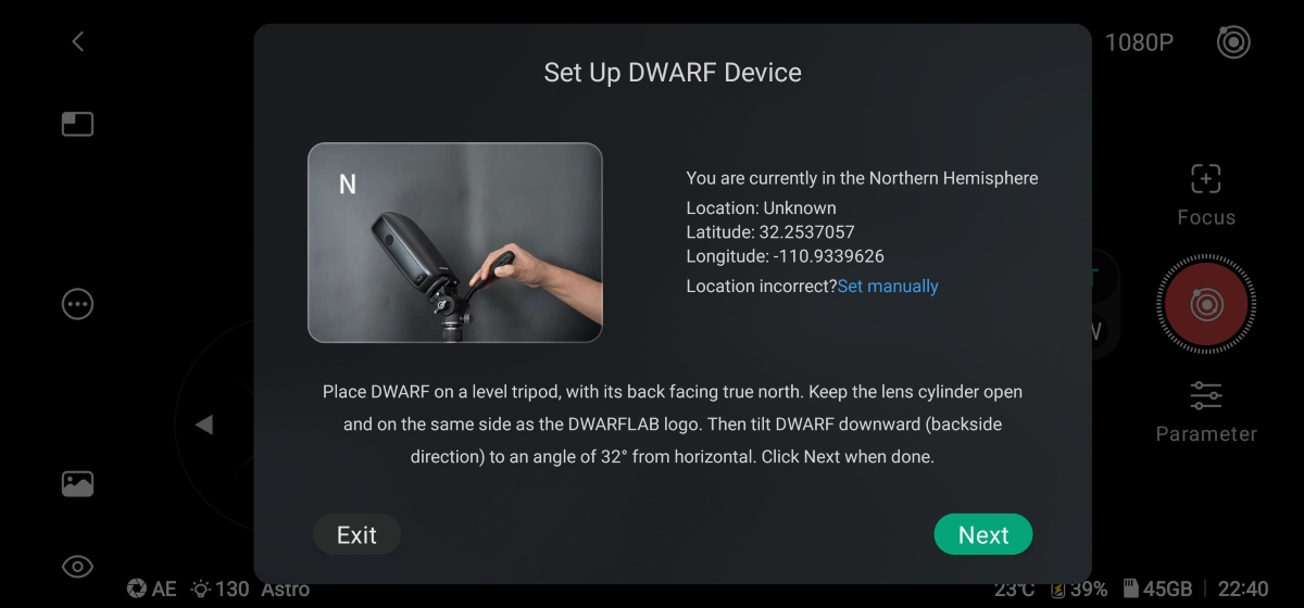 Screen shot of DWARF Mini EQ set up steps through the DWARFLab app