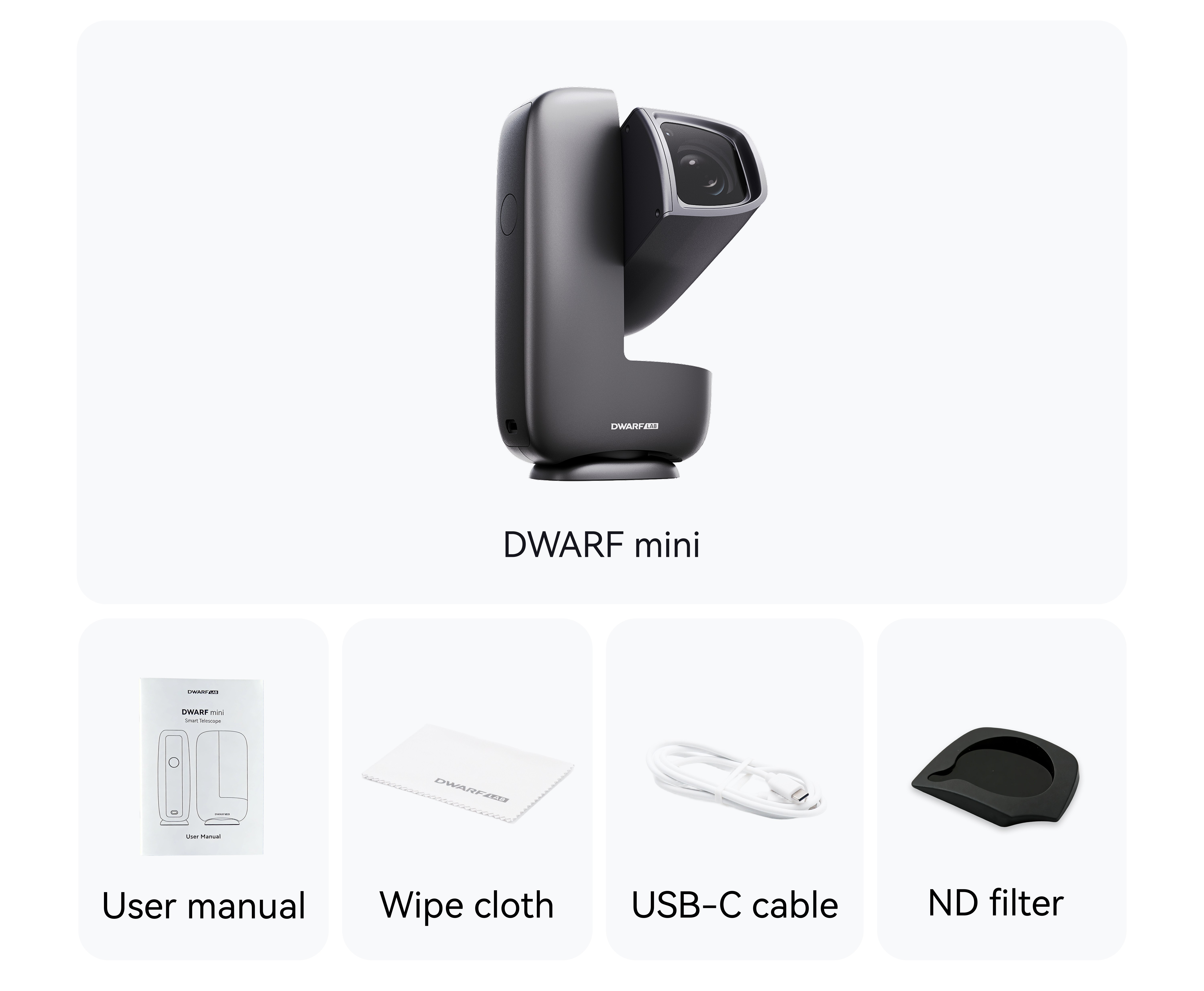 What's in the Box graphic showing the DWARF Mini and accessory items