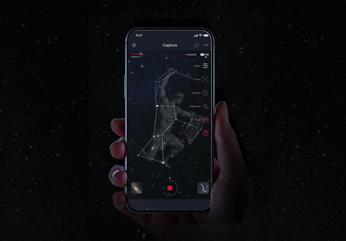 ZWO Seestar S30 Pro Smart Telescope Smart phone with Orion constellation