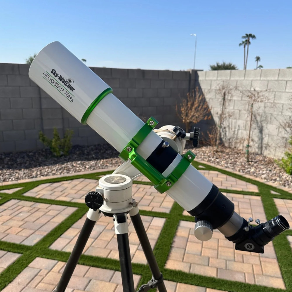 The Sky-Watcher Heliostar 76Ha Solar Telescope set up on a manual mount