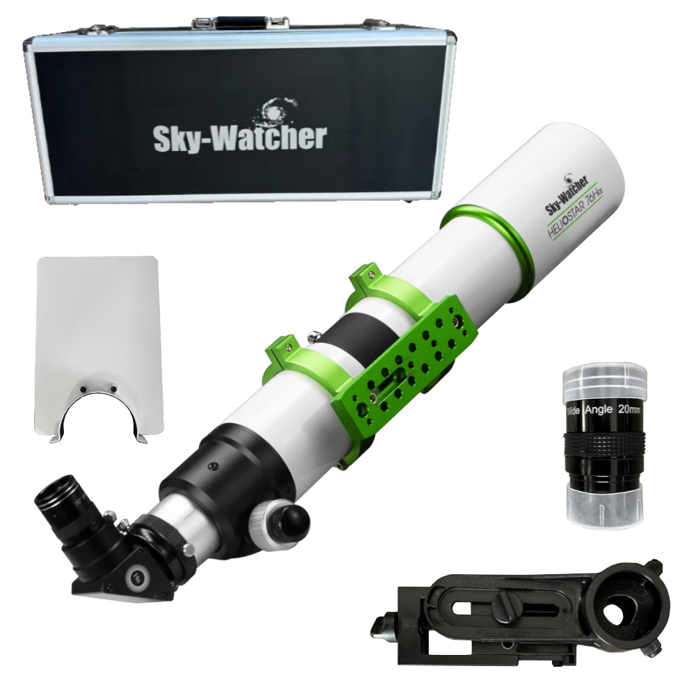 The Sky-Watcher Heliostar 76Ha Solar Telescope shown without the sun shade or hard case